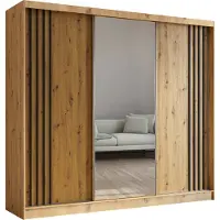 MargaretHadas24 240 cm Kleiderschrank Neli mit Lamellen und Spiegel inklusive 3 Schiebetüren Schwebetürenschrank (Farbe: Artisan, Artisan, Lamelle schwarz)