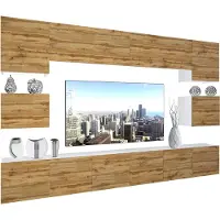 Belini Wohnwand Vollausstattung Wohnzimmer-Set Moderne Schrankwand mit LED-Beleuchtung Weiß Glänzend Anbauwand TV-Schrank Wotan-Eiche Matt