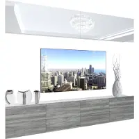 Belini Wohnwand Vollausstattung Wohnzimmer-Set Moderne Schrankwand mit LED-Beleuchtung Weiß Glänzend Anbauwand TV-Schrank Weiß / Glamourholz Glänzend/Matt