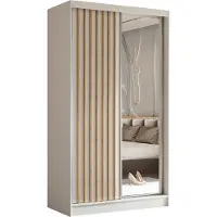 MargaretHadas24 120 cm Kleiderschrank Erika mit Lamellen und Spiegel inklusive 2 Schiebetüren Schwebetürenschrank Kleiderstange Garderobe Lieferung bis in die Wohnung (Farbe: weiß, weiß, Lamelle Artisan)