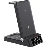 Douself Handy-Ladegerät, 4-in-1 kabelloses Ladegerät, 15W kabelloses Laden, Zusammenklappbare Ladestation, Mit Uhr, Geeignet für Samsung, Schwarz