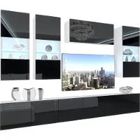 Belini Wohnwand Vollausstattung Wohnzimmer-Set Moderne Schrankwand mit LED-Beleuchtung Weiß Glänzend Anbauwand TV-Schrank Schwarz Glänzend