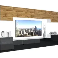 Belini Wohnwand Vollausstattung Wohnzimmer-Set Moderne Schrankwand mit LED-Beleuchtung Weiß Glänzend Anbauwand TV-Schrank Wotan Eiche / Schwarz Glänzend/Matt