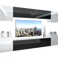 Belini Wohnwand Vollausstattung Wohnzimmer-Set Moderne Schrankwand mit LED-Beleuchtung Weiß Glänzend Anbauwand TV-Schrank Weiß / Schwarz Glänzend