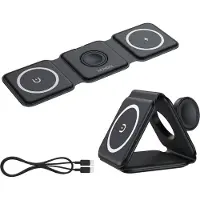 HUXGO Wireless Charger 3-in-1 Faltbarer Magnetisch, Kabelloses QI Ladestation für Handy, iPhone und SmartWatch, Tragbar Aufladestation, schwarz
