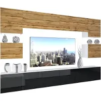 Belini Wohnwand Vollausstattung Wohnzimmer-Set Moderne Schrankwand mit LED-Beleuchtung Weiß Glänzend Anbauwand TV-Schrank Eiche Wotan / Schwarz Glänzend/Matt