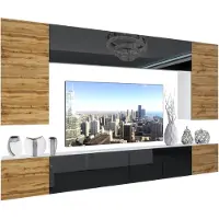 Belini Wohnwand Vollausstattung Wohnzimmer-Set Moderne Schrankwand mit LED-Beleuchtung Weiß Glänzend Anbauwand TV-Schrank Wotan Eiche / Schwarz Glänzend/Matt