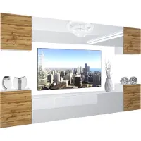 Belini Wohnwand Vollausstattung Wohnzimmer-Set Moderne Schrankwand mit LED-Beleuchtung Weiß Glänzend Anbauwand TV-Schrank Eiche Wotan / Weiß Glänzend/Matt