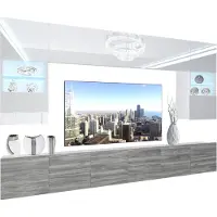 Belini Wohnwand Vollausstattung Wohnzimmer-Set Moderne Schrankwand mit LED-Beleuchtung Weiß Glänzend Anbauwand TV-Schrank Weiß / Eiche Glamour Glänzend/Matt
