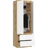 BDW , Kleiderschrank 2 Türen 2 Schubladen, 180x60x51 cm, Eiche Artisan / Weiß