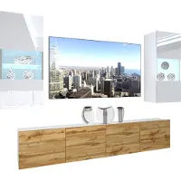 Belini Wohnwand Vollausstattung Wohnzimmer-Set Moderne Schrankwand mit LED-Beleuchtung Weiß Glänzend Anbauwand TV-Schrank Weiß / Wotan Glänzend/Matt