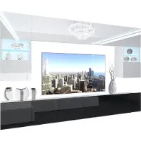 Belini Wohnwand Vollausstattung Wohnzimmer-Set Moderne Schrankwand mit LED-Beleuchtung Weiß Glänzend Anbauwand TV-Schrank Weiß / Schwarz Glänzend