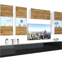 Belini Wohnwand Vollausstattung Wohnzimmer-Set Moderne Schrankwand mit LED-Beleuchtung Weiß Glänzend Anbauwand TV-Schrank Wotan Eiche / Schwarz Glänzend/Matt