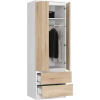 BDW , Kleiderschrank 2 Türen 2 Schubladen, 180x60x51 cm, Weiß / Eiche Sonoma