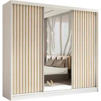 MargaretHadas24 240 cm Kleiderschrank Erika mit Lamellen und Spiegel inklusive 3 Schiebetüren Schwebetürenschrank Kleiderstange Lieferung bis in die Wohnung (Farbe: weiß, weiß, Lamelle Artisan)