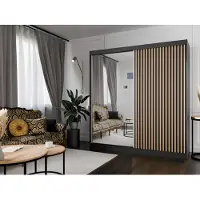 MargaretHadas24 Kleiderschrank Lili mit Lamellen 200 cm inklusive 2 Schiebetüren Schwebetürenschrank Kleiderstange Garderobe Schrank Lieferung bis in die Wohnung (Farbe: schwarz, schwarz, Lamelle wotan, Spiegel)