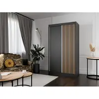 MargaretHadas24 Kleiderschrank Lili mit Lamellen 120 cm inklusive 2 Schiebetüren Schwebetürenschrank Kleiderstange Garderobe Schrank Lieferung bis in die Wohnung Farbe: schwarz, schwarz, Lamelle wotan
