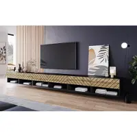 MINIO go for it , Lowboard TV-Schrank "ANNE", 300 cm, mit MDF-Türen, mit LED Beleuchtung, Schwarz matt/Eiche Wotan Farbe mit 3D-Fischgrätmuster