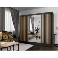 MargaretHadas24 Kleiderschrank Lili mit Lamellen 250 cm inklusive 3 Schiebetüren Schwebetürenschrank Kleiderstange Garderobe Schrank Lieferung bis in die Wohnung (Farbe: schwarz, schwarz, Lamelle wotan, Spiegel)