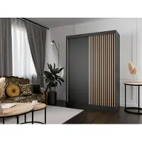 MargaretHadas24 Kleiderschrank Lili mit Lamellen 150 cm inklusive 2 Schiebetüren Schwebetürenschrank Kleiderstange Garderobe Schrank Lieferung bis in die Wohnung (Farbe: schwarz, schwarz, Lamelle wotan)