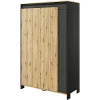 MINIO go for it , Kleiderschrank SPOT – 3 Türen, 5 Regale, Kleiderstange, LED, modern, 132x196x55 cm, Schwarz/Artisan Eiche