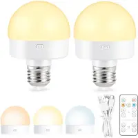 Rosikey 2x Wiederaufladbare Glühbirne mit Fernbedienung,USB Nachtlicht mit Batterie,4W LED Akku Lampe Mit E27-Fassung,3 Farben,Timer,Touch Control Kabellose