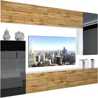 Belini Wohnwand Vollausstattung Wohnzimmer-Set Moderne Schrankwand mit LED-Beleuchtung Weiß Glänzend Anbauwand TV-Schrank Wotan Eiche / Schwarz Glänzend/Matt