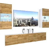 Belini Wohnwand Vollausstattung Wohnzimmer-Set Moderne Schrankwand mit LED-Beleuchtung Weiß Glänzend Anbauwand TV-Schrank Wotan-Eiche Matt
