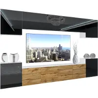 Belini Wohnwand Wohnzimmer-Set Moderne Schrankwand mit LED-Beleuchtung Weiß Glänzend Anbauwand TV-Schrank Schwarz / Wotan Eiche Glänzend/Matt