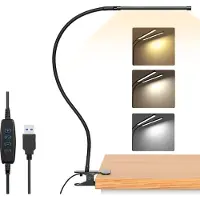 Zelurxx Tragbares Nachtlicht mit Clip, Schreibtischlampe, USB-Klemmlampe mit Kabel, Leselampe, Bettklemme, 3 Farbwechsel & 10 Helligkeiten, Flexibel, Schwarz