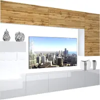 Belini Wohnwand Vollausstattung Wohnzimmer-Set Moderne Schrankwand mit LED-Beleuchtung Weiß Glänzend Anbauwand TV-Schrank Eiche Wotan / Weiß Glänzend/Matt