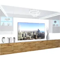 Belini Wohnwand Vollausstattung Wohnzimmer-Set Moderne Schrankwand mit LED-Beleuchtung Weiß Glänzend Anbauwand TV-Schrank Weiß / Eiche Wotan Glänzend/Matt