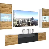 Belini Wohnwand Vollausstattung Wohnzimmer-Set Moderne Schrankwand mit LED-Beleuchtung Weiß Glänzend Anbauwand TV-Schrank Wotan Eiche / Schwarz Glänzend/Matt