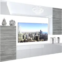 Belini Wohnwand Vollausstattung Wohnzimmer-Set Moderne Schrankwand mit LED-Beleuchtung Weiß Glänzend Anbauwand TV-Schrank Weiß / Glamourholz Glänzend/Matt