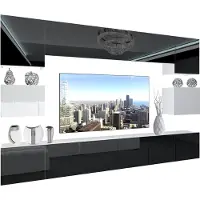 Belini Wohnwand Vollausstattung Wohnzimmer-Set Moderne Schrankwand mit LED-Beleuchtung Weiß Glänzend Anbauwand TV-Schrank Schwarz / Weiß Glänzend