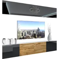 Belini Wohnwand Vollausstattung Wohnzimmer-Set Moderne Schrankwand mit LED-Beleuchtung Weiß Glänzend Anbauwand TV-Schrank Schwarz / Eiche Wotan Glänzend/Matt