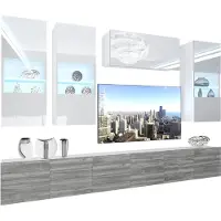 Belini Wohnwand Vollausstattung Wohnzimmer-Set Moderne Schrankwand mit LED-Beleuchtung Weiß Glänzend Anbauwand TV-Schrank Weiß / Glamourholz Glänzend/Matt