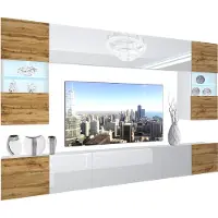 Belini Wohnwand Vollausstattung Wohnzimmer-Set Moderne Schrankwand mit LED-Beleuchtung Weiß Glänzend Anbauwand TV-Schrank Eiche Wotan / Weiß Glänzend/Matt