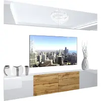 Belini Wohnwand Vollausstattung Wohnzimmer-Set Moderne Schrankwand mit LED-Beleuchtung Weiß Glänzend Anbauwand TV-Schrank Weiß / Eiche Wotan Glänzend/Matt