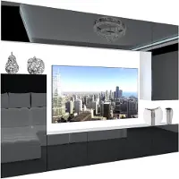 Belini Wohnwand Vollausstattung Wohnzimmer-Set Moderne Schrankwand mit LED-Beleuchtung Weiß Glänzend Anbauwand TV-Schrank Schwarz Glänzend