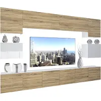 Belini Wohnwand Vollausstattung Wohnzimmer-Set Moderne Schrankwand mit LED-Beleuchtung Weiß Glänzend Anbauwand TV-Schrank Sonoma Eiche / Weiß Glänzend/Matt