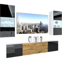 Belini Wohnwand Vollausstattung Wohnzimmer-Set Moderne Schrankwand mit LED-Beleuchtung Weiß Glänzend Anbauwand TV-Schrank Schwarz / Wotan Eiche Glänzend/Matt