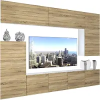 Belini Wohnwand Vollausstattung Wohnzimmer-Set Moderne Schrankwand mit LED-Beleuchtung Weiß Glänzend Anbauwand TV-Schrank Sonoma Eiche Matt