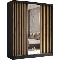 MargaretHadas24 180 cm Kleiderschrank Erika mit Lamellen und Spiegel inklusive 3 Schiebetüren Schwebetürenschrank Kleiderstange Garderobe Lieferung bis in die Wohnung (Farbe: schwarz, Artisan, Lamelle schwarz)
