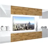 Belini Wohnwand Vollausstattung Wohnzimmer-Set Moderne Schrankwand mit LED-Beleuchtung Weiß Glänzend Anbauwand TV-Schrank Weiß / Eiche Wotan Glänzend/Matt