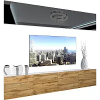 Belini Wohnwand Vollausstattung Wohnzimmer-Set Moderne Schrankwand mit LED-Beleuchtung Weiß Glänzend Anbauwand TV-Schrank Schwarz / Eiche Wotan Glänzend/Matt