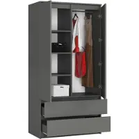 BDW , Kleiderschrank 2 Türen, 2 Schubladen, 180x90x51 cm, Garderobe, Grau