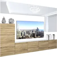 Belini Wohnwand Vollausstattung Wohnzimmer-Set Moderne Schrankwand mit LED-Beleuchtung Weiß Glänzend Anbauwand TV-Schrank Weiß / Sonoma Eiche Glänzend/Matt