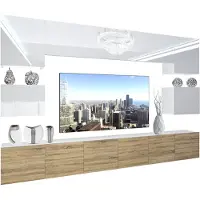 Belini Wohnwand Vollausstattung Wohnzimmer-Set Moderne Schrankwand mit LED-Beleuchtung Weiß Glänzend Anbauwand TV-Schrank Weiß / Sonoma Eiche Glänzend/Matt