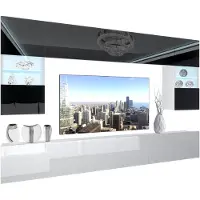 Belini Wohnwand Vollausstattung Wohnzimmer-Set Moderne Schrankwand mit LED-Beleuchtung Weiß Glänzend Anbauwand TV-Schrank Schwarz / Weiß Glänzend